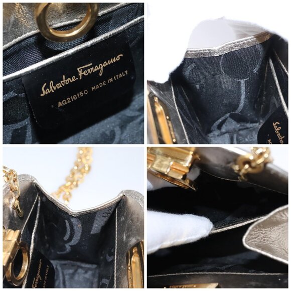 Salvatore Ferragamo Gancini Chain Shoulder Bag Leather Silver Gold Auth BD416 - Picture 14 of 14